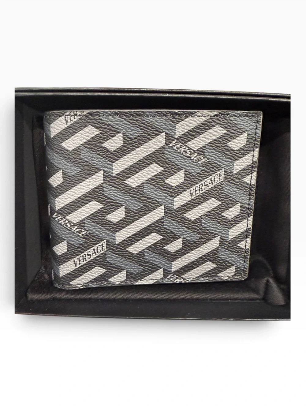 Brand new in box Versace La Greca Signature Bi-Fold Wallet in Black/Grey